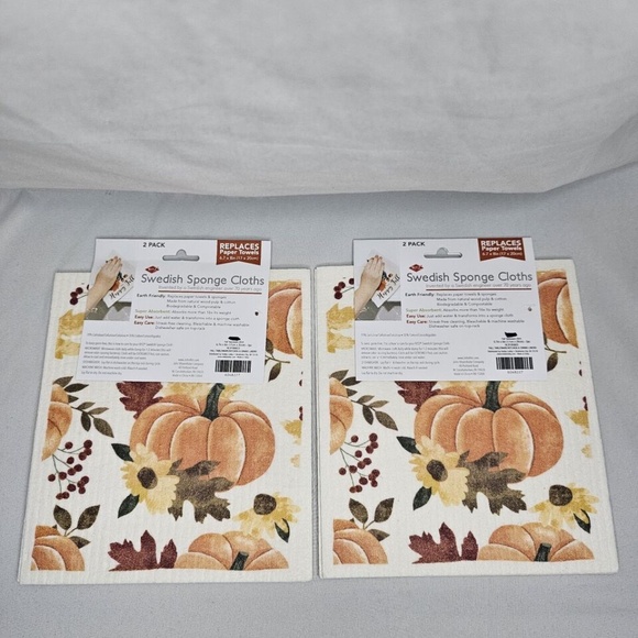 New Set of 2 Ritz Swedish Sponge Cloth 2 packs Fall Leaves Pumpkins 6.7" x 8" - Picture 4 of 6
